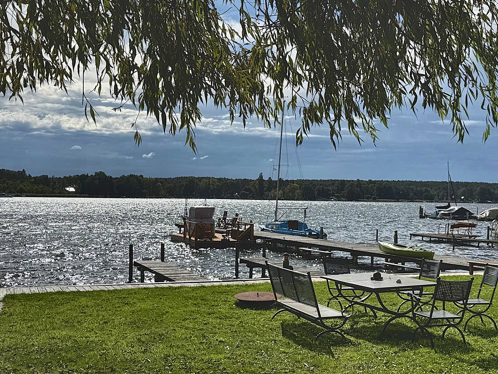 Uferwiese unter der Weide am Krüpelsee mit Blick auf die Stege und das Wasser