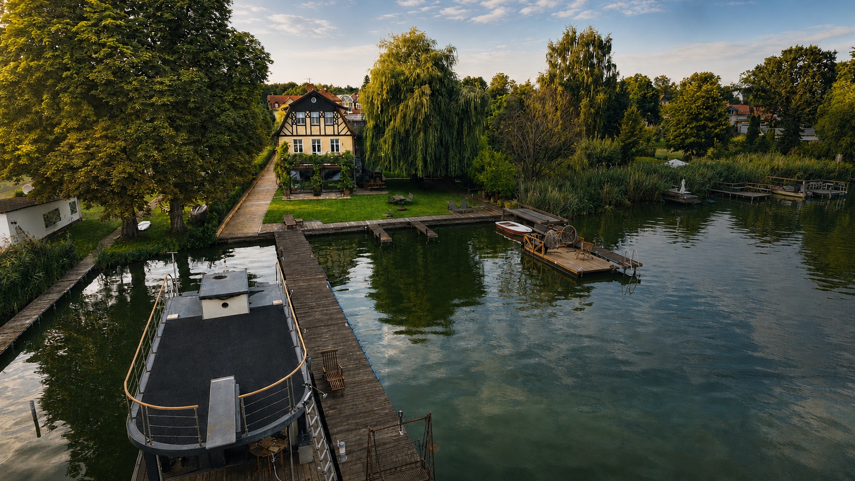 Luftaufnahme der Altbauvilla am Krüpelsee in Zernsdorf mit vier Stegen, Hausboot und Südausrichtung